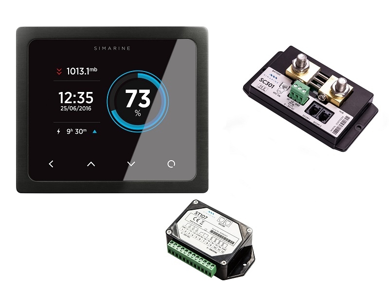 PICO Standard Package – Monitor de Baterias PICO c/ Wi-Fi, Shunt SC303 de 300 A e Módulo de Tanque ST107. Versão em preto de montagem em painel.