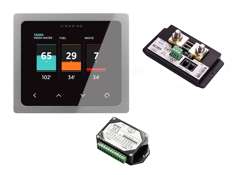 PICO Standard Package – Monitor de Baterias PICO c/ Wi-Fi, Shunt SC303 de 300 A e Módulo de Tanque ST107. Versão em prateado de montagem em painel.